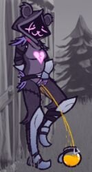 anthro armor bear bodily_fluids breasts clothed clothing container digital_media_(artwork) epic_games exhibitionism eye_scar facial_scar female fortnite fur gauntlets genital_fluids genitals gloves greaves handwear hood jar jarate leaning_on_wall mammal outside peeing peeing_into_container purple_body pussy raven_team_leader scar simple_background smile solo urine urine_stream watersports wendigoop wetting