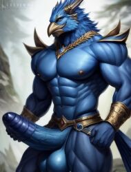 1boy ai_generated anthro avian avian_humanoid blue_feathers horns huge_balls huge_cock monster monster_cock muscles muscular muscular_anthro muscular_male thancrus