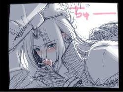 2boys blush clothed cum cum_in_mouth fellatio femboy feminine_male final_fantasy final_fantasy_vii gay green_eyes hand_on_head long_hair male male/male male_only oral oral_sex penis penis_in_mouth sephiroth shima_chiyo sketch square_enix tagme uncolored white_background yaoi