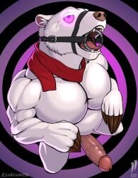 1boy anthro artist_logo artist_name balbo bear body_fur circumcised claws drooling erection gag genitals hi_res high-angle_view hypnosis hypnotic_eyes iudicium86 kneeling male male_only mammal masculine mature_male mind_control musclegut muscles muscular_male pecs penis polar_bear ring_gag saliva scarf solo ursid veiny_penis white_fur