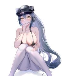 :o animal_ears areola_slip arknights ass bikini bikini_top_only blush breasts cameltoe cat_ears covered_nipples female grey_hair hair_between_eyes hand_on_own_chin hat headset hi_res knees_together_feet_apart large_breasts long_hair official_alternate_costume pantyhose sawaki_ken schwarz_(arknights) schwarz_(skyline)_(arknights) simple_background sitting solo swimsuit very_long_hair white_background