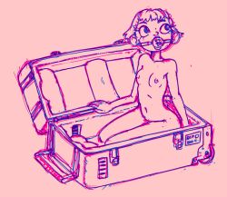 1girls 2020 artist_signature ball_gag barette beespaceprogram naked naked_female nipple_piercing nipples nude nude_female original original_character petite short_hair small_breasts solo solo_female suitcase suitcase_bondage