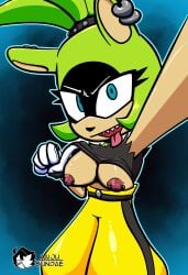 1girls 2022 blue_eyes breasts ear_piercing gloves green_skin high_waisted_pants kaijusundae nipple nipple_piercing punk sharp_teeth shirt_lift sonic_(series) surge_the_tenrec tongue tongue_out