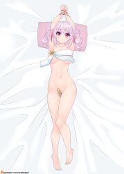 1girls :( ahoge amoria barefoot bed_sheet belly_button big_breasts blush breasts covered_breasts covered_nipples crying crying_with_eyes_open embarrassed eyebrows_visible_through_hair feet female female_only light-skinned_female light_skin looking_at_viewer on_bed pillow pink_eyes pink_hair pink_pillow restrained solo solstice_(v&amp;u) twintails virtual_and_universe_(v&amp;u) virtual_youtuber white_bed_sheet xehadac