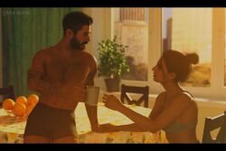 3d activision alex_keller black_hair boxers bra brown_hair call_of_duty call_of_duty_modern_warfare_2_(2022) coffee_mug eye_contact farah_karim female/male hand_on_hand indoor_nudity indoors infinity_ward interracial looking_at_each_other loving_couple mahtsazizi male/female morning panties romantic romantic_couple socializing straight talking_to_another tattoo_on_arm tattooed_arm underwear_only