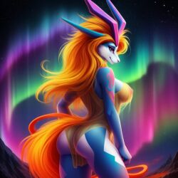 ai_generated alternative_hairstyle anthro aurora_borealis female furry generation_2_pokemon legendary_pokemon pokémon_(species) pokemon pokemon_(species) see-through_clothing suicune