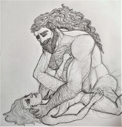 bartel beard bearded curly_hair domination facial_hair freckles gay gay_domination gay_sex hairy hairy_arms hairy_chest hairy_male long_hair long_hair_male manly muscle muscular muscular_male pencil size_difference smile smiling_at_partner traditional_art traditional_media traditional_media_(artwork)