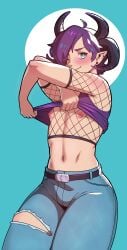 1boy big_ass blue_eyes bulge cherrypicmilk cute demon demon_boy ear_piercing earrings femboy flat_chest flat_chested horns male male_only nipples piercing purple_hair solo_focus thick_thighs toned