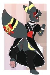 abby_(umbreon) absurd_res accessory alphadesu blush blush_lines bow_ribbon clothing eeveelution female feral furgonomics generation_2_pokemon genitals hi_res legwear looking_at_viewer maid_uniform nintendo on_one_leg pokemon pokemon_(species) pussy raised_tail red_eyes ribbons seductive shy simple_background standing stockings tail tail_accessory tail_bow tail_ribbon umbreon uniform