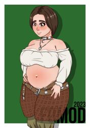 big_belly brown_eyes brown_hair chubby chubby_female dungeons_and_dragons fomod halfling halfling_female large_belly large_breasts lobelia_rosewood oc original original_character shiny_skin tagme thick_thighs