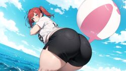 1girls ai_generated beach_ball big_breasts big_butt black_shorts blush butt fat_ass huge_butt keijo!!!!!!!! large_butt red_hair shorts sideboob t-shirt thick_butt thick_thighs toyoguchi_non twintails