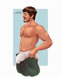 1boy actor biceps big_bulge bulge celebrity hairy_chest henriqueilustra hispanic hispanic_male huge_bulge joel_miller latino male male_only muscles muscular muscular_male pecs pedro_pascal pulling_up_pants real_person solo the_last_of_us underwear white_underwear