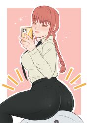 ass_focus big_ass big_breasts chainsaw_man hamstery makima_(chainsaw_man) phone presenting_hindquarters red_hair smug suit taking_picture thick_thighs tie tight_clothing tight_pants