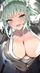 1girls 2023 :d animal_ear_fluff animal_ears arknights big_breasts blush breast_focus breasts busty cardigan cat_ears cat_girl cat_tail cleavage collarbone curvaceous curvy cute cute_fang enormous_breasts fangs female female_only fluffy fluffy_ears fluffy_tail giant_breasts gigantic_breasts green_eyes green_hair grey_cardigan harmonie_(arknights) heavy_breathing hi_res huge_breasts kemonomimi large_breasts light-skinned_female light_skin long_hair looking_at_viewer massive_breasts no_bra open_mouth open_smile plastic_night_q seductive seductive_eyes seductive_look seductive_mouth seductive_pose seductive_smile shirt smile solo solo_female steam sweat sweatdrop tail upper_body voluptuous waist wasp_waist