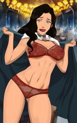 1girls asami_sato avatar_legends cape choker eye_of_the_beholder female female_focus large_breasts lingerie red_lingerie sheer solo the_legend_of_korra tribal_necklace underwear