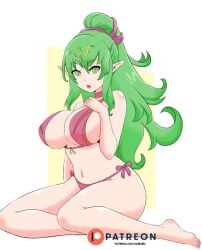 1girls alternate_costume artist_name bikini blank_background female female_only fire_emblem fire_emblem_awakening green_eyes green_hair high_ponytail looking_at_viewer manakete navel nintendo noboru_revista patreon_logo pink_bikini pink_swimsuit pointy_ears ponytail side-tie_bikini sideboob solo tiki_(adult)_(fire_emblem) tiki_(fire_emblem)