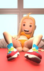 3d bed bedroom blonde_hair clothed clothing jojomingles long_hair looking_at_viewer milf presenting savannahxyz shoes smile spread_legs youtuber