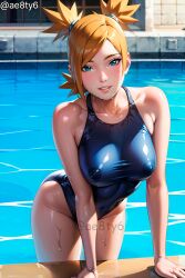 1girls ae8ty6 ai_generated arm_support big_breasts blonde_hair blush boruto:_naruto_next_generations breasts female female_only green_eyes looking_at_viewer mature mature_female milf naruto naruto_(series) nipples nipples_visible_through_clothing one-piece_swimsuit pinup ponytail pool poolside quad_tails see-through see-through_swimsuit smile soaked stable_diffusion swimming_pool swimsuit temari thick_thighs visible_nipples voluptuous watermark wet wet_body wet_skin wide_hips