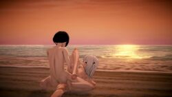 3d 3d_(artwork) beach blue_eyes cum gawr_gura hololive hololive_english hololive_myth ihate9 looking_at_viewer multicolored_hair nude sex sunset virtual_youtuber