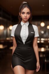 ai_generated caucasian earrings female female_only looking_at_viewer non_nude public resturant skirt uniform venue waitress waitress_uniform white_woman women younger_female