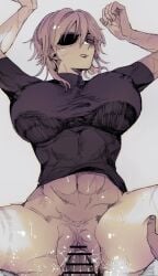 1boy 1girls abs blonde_hair blue_eyes breasts dimitri_alexandre_blaiddyd eyepatch female female_focus fire_emblem fire_emblem:_three_houses genderswap_(mtf) huge_breasts male male_pov muscular_female nintendo pov rule_63 scar scars_on_arm solo_focus wyktsak