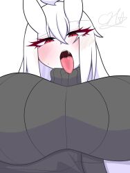 ahe_gao big_breasts blush blush_lines blushing_at_viewer eyes_half_closed eyes_half_open haku_(nfch_05054) huge_boobs huge_breasts lustful_gaze nfch_05054 open_mouth saliva saliva_string saliva_trail sweater tongue tongue_out