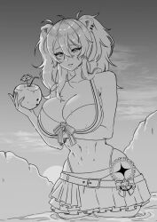 1girls arm_under_breasts bikini breasts cleavage coconut cryptid_crab drink female female_only greyscale hair_between_eyes hololive hololive_gen_5 hololive_japan large_breasts long_hair monochrome ocean outdoors partially_submerged shishiro_botan smile solo sunset swimsuit twintails virtual_youtuber wet