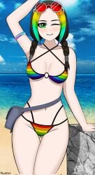 1girls ass_visible_through_thighs bag beach bikini breasts brown_hair daikiri_di_mon fortnite fortnite:_battle_royale glasses green_eyes harmony_lee_(fortnite) lgbt_pride lgbt_pride_colors looking_at_viewer multicolored_hair rainbow_bikini smiling