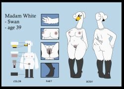 age_difference anatid anseriform anserinae anthro avian bird black_pussy breasts female genitals hi_res madam_white male model_sheet nude older_female pencil_bolt presenting presenting_body pussy solo swan winged_arms wings