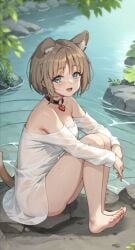 1girls blue_eyes blush brown_hair choker dog_ears dog_girl dog_tail feet game_cg gina_(isekai_slow_life) isekai_slow_life looking_at_viewer see-through_clothing tail water wet wet_body wet_clothes