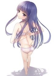 07th_expansion 1girls 2020s 2023 :o arms_behind_back ass bare_shoulders barefoot blue_hair blunt_bangs blush bra breasts bubble_butt butt_crack dat_ass eyebrows_hidden_by_hair female from_behind full_body furude_rika hi_res higurashi_no_naku_koro_ni hime_cut light-skinned_female light_blush light_skin long_hair looking_at_viewer looking_back open_bra panties pink_bra pink_panties purple_eyes round_ass shadow shimao shoulder_blades sideboob sidelocks small_breasts solo standing teenage_girl teenager toes underwear underwear_only undressing white_background young