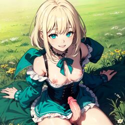 1futa ai_generated blonde_hair blue_eyes enjuuji flaccid flaccid_penis freckles futa_only futanari grass grass_field green_grass lauran_hesselberg outside pale-skinned_futanari penis_under_dress small_breasts smile smiling_at_viewer