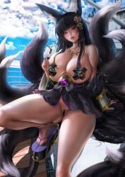 1girls 2023 absurd_res azur_lane black_hair female_focus female_only fox_ears fox_girl fox_tail highres huge_breasts lexaiduer long_hair looking_at_viewer musashi_(azur_lane) pasties pasties_with_text seductive_look voluptuous voluptuous_female