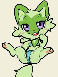 blush camel_toe clothing female feral feral_only fur generation_9_pokemon green_body green_fur hi_res itsunknownanon lying nintendo on_back pawpads pokemon pokemon_(species) purple_eyes quadruped solo sprigatito