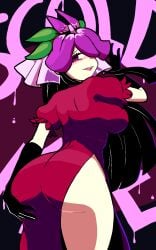 1girls alternate_costume ass ass_focus big_ass black_elbow_gloves black_hair blush dat_ass elbow_gloves english_text fruit_hat grabbing_own_ass handwear large_breasts lips long_gloves looking_at_viewer one_eye_covered one_eye_obstructed puffy_short_sleeves purple_eyes quarium red_dress short_sleeves solo solo_female thick_eyelashes thick_thighs touhou unfinished_dream_of_all_living_ghost veil wide_hips yomotsu_hisami