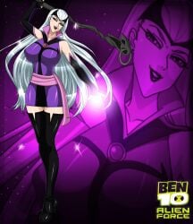 1girls 2010s 2019 ben_10 ben_10_alien_force big_breasts cartoon_network charmcaster female female_only purple_background the-dark-knight19089 white_hair