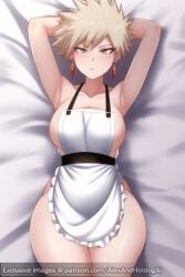 ai_generated alexandhotdogai apron armpits arms_behind_back arms_behind_head arms_up big_ass big_butt blonde_hair boku_no_hero_academia dakimakura dakimakura_(medium) dakimakura_design earrings enormous_breasts female hazel_eyes huge_breasts jewelry large_breasts maid_apron maid_uniform milf mitsuki_bakugou mother my_hero_academia naked_apron narrowed_eyes partially_clothed short_hair spiky_hair stable_diffusion tan_hair thick thick_thighs wide_hips