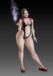 3d 3d_(artwork) big_ass black_nail_polish black_nails bracelet brown_hair choker cigarette claire_redfield fat_ass flip_flops hoop_earrings ihateasuka long_nails ponytail pubic_hair pubic_tattoo resident_evil resident_evil_2 resident_evil_2_remake ring sandals simple_background smoke smoking smoking_cigarette smoking_fetish swimsuit thick_thighs