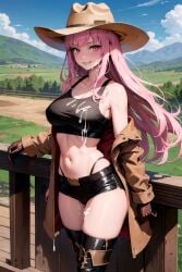 1girls ai_generated big_breasts black_shorts black_tank_top black_thighhighs blush brown_coat brown_gloves coat cowboy_hat cowgirl cum cum_drip cum_on_breasts cum_on_clothes cum_on_thighs gloves hololive hololive_english light-skinned_female light_skin long_hair looking_at_viewer midriff minishorts mori_calliope navel off_shoulder open_coat outdoors outside pink_eyes pink_hair ranch short_shorts sky smile tank_top thick_thighs thighhighs thighs virtual_youtuber