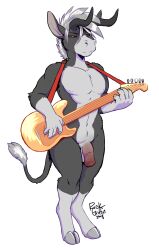 2018 abs anthro asinus balls black_body black_fur black_sclera casual cloven_hooves demon donkey equid equine fur genitals guitar hair hi_res hooves horn looking_at_viewer male male_only mammal muscular_arms musical_instrument penis plucked_string_instrument red_eyes rick_griffin solo string_instrument white_body white_fur white_hair