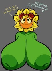 2023 areolae big_breasts blush breasts cumlord cumlord_(artist) dialogue eyelashes female female_only freckles gray_background green_body green_skin inverted_nipples just_coffee large_breasts plant plantie plants_vs_zombies plants_vs_zombies:_heroes popcap_games smiling solar_flare_(pvz) solo sunflower sunflower_(pvz) tagme yellow_hair