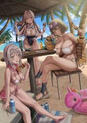 3girls ahoge alternate_costume anis_(nikke) anis_(sparkling_summer)_(nikke) bare_shoulders beach big_breasts bikini blonde_hair blush bob_cut breasts cat_hair_ornament cleavage competition_swimsuit feet female female_only floatie food glasses glasses_on_head goddess_of_victory:_nikke goggles goggles_around_neck green_eyes hair_intakes hair_ornament hairband highres holding_food holding_object huge_breasts jacket jacket_open light-skinned_female light_skin long_hair looking_at_viewer micro_bikini microskirt nails navel neon_(blue_ocean)_(nikke) neon_(nikke) ocean official_alternate_costume one-piece_swimsuit open_mouth orange_eyes palm_tree rapi_(classic_vacation)_(nikke) rapi_(nikke) red_eyes sailor_collar sand sandals silvertsuki sitting smile smooth_skin soda soda_can standing sunglasses sunglasses_on_head swimsuit toeless_legwear tropical_drink water_bottle white_hair