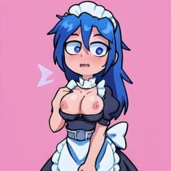 ai_generated blue_hair breasts breasts_out embarrassed maid_uniform perfect_world photef_style_ai raya_aber_(perfect_world) tagme