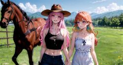 2girls ai_generated bare_arms big_breasts black_tank_top blush cleavage cowboy_hat cowgirl cum cum_between_breasts cum_drip cum_on_breasts cum_on_clothes dress grin holding_hands hololive hololive_english horse implied_bestiality light-skinned_female light_skin long_hair looking_at_viewer midriff mori_calliope navel orange_hair outdoors outside pink_eyes pink_hair purple_eyes ranch sky smile takamori_(hololive) takanashi_kiara tank_top virtual_youtuber white_dress