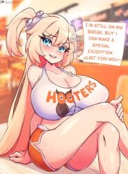 1girls bebatch blonde_hair blue_eyes cleavage english_text female female_focus female_only full_body full_color full_colour hi_res highres hime_hajime hooters hooters_uniform huge_breasts large_breasts long_hair looking_at_viewer shorts solo speech_bubble text virtual_youtuber vshojo