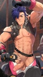 abs arm_up balls blue_hair erection gear gloves green_eyes hair_covering_eye honkai:_star_rail loegaku looking_at_viewer male male_only muscular_arms muscular_male offscreen_character pecs sampo_(honkai_star_rail) shaved_crotch testicles unbuttoned_pants uncircumcised uncut unzipped_pants v-line veins veiny_penis