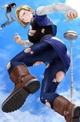 1boy 1girls alternate_version_available android_17 android_18 annoyed belt black_hair blonde_hair blue_eyes blue_sky blurry boots breasts brother_and_sister buttons cloud cloudy_sky cropped_jacket day dragon_ball dragon_ball_z dutch_angle female female_focus fingernails flying full_body jacket long_sleeves looking_at_viewer looking_back male medium_breasts miniskirt opposite_sex_twins outdoors pants pantyhose parted_lips shiny_clothes shoes short_hair siblings simple_background skirt sky sneakers sweatdrop torn_clothes torn_pants torn_pantyhose torn_sleeves twins wardrobe_malfunction yoshi55level yoshio_(55level)