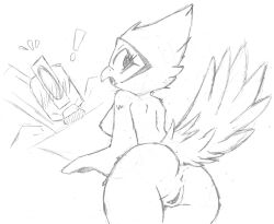 anthro avian bastion_(overwatch) bird blizzard_entertainment breasts duo feathers female ganymede_(overwatch) genitals hi_res looking_back machine male monochrome nipples non-mammal_breasts nude overwatch overwatch_2 pussy robot shocked shocked_expression studiouac suprised_look tail_feathers traditional_media_(artwork)