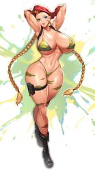 1girl 1girls alternate_breast_size armpits barely_clothed beret bikini blonde_hair blue_eyes body_markings boots breasts cameltoe cammy_white capcom curvy female female_only female_solo green_bikini green_bikini_bottom green_bikini_top gurimjang hands_behind_head hat hi_res huge_breasts human human_only human_solo long_hair navel nipple_bulge pigtails red_beret solo solo_female street_fighter thick_thighs thighs toned twintails very_long_hair wide_hips