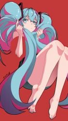 1girls ankles bare_soles barefoot blue_eyes blue_hair feet female foot_fetish hatsune_miku heels heels_fetish hi_res highres holding_hair legs light_blue_eyes looking_at_viewer pedicure pink_hair pout thick_thighs thighs tiptoes toes turquoise_hair twintails twintails_(hairstyle) vocaloid yamauchi_(conan-comy)